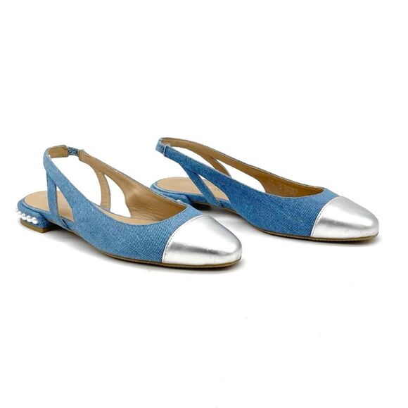 Stuart Weitzman Denim Pearl Slingback Flats Size 6 Silver Cap Toe Made in Spain - Picture 3 of 15